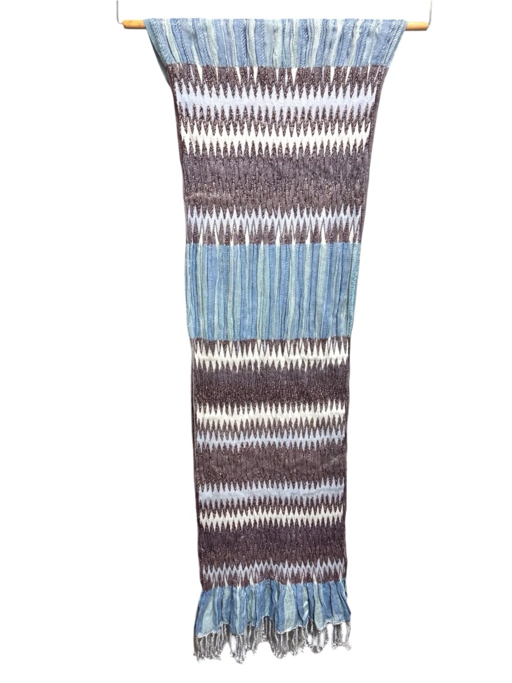 Chico’s Vintage 00s Blue/Brown Textured Chevron Zigzag Knit Oblong Scarf Fringe